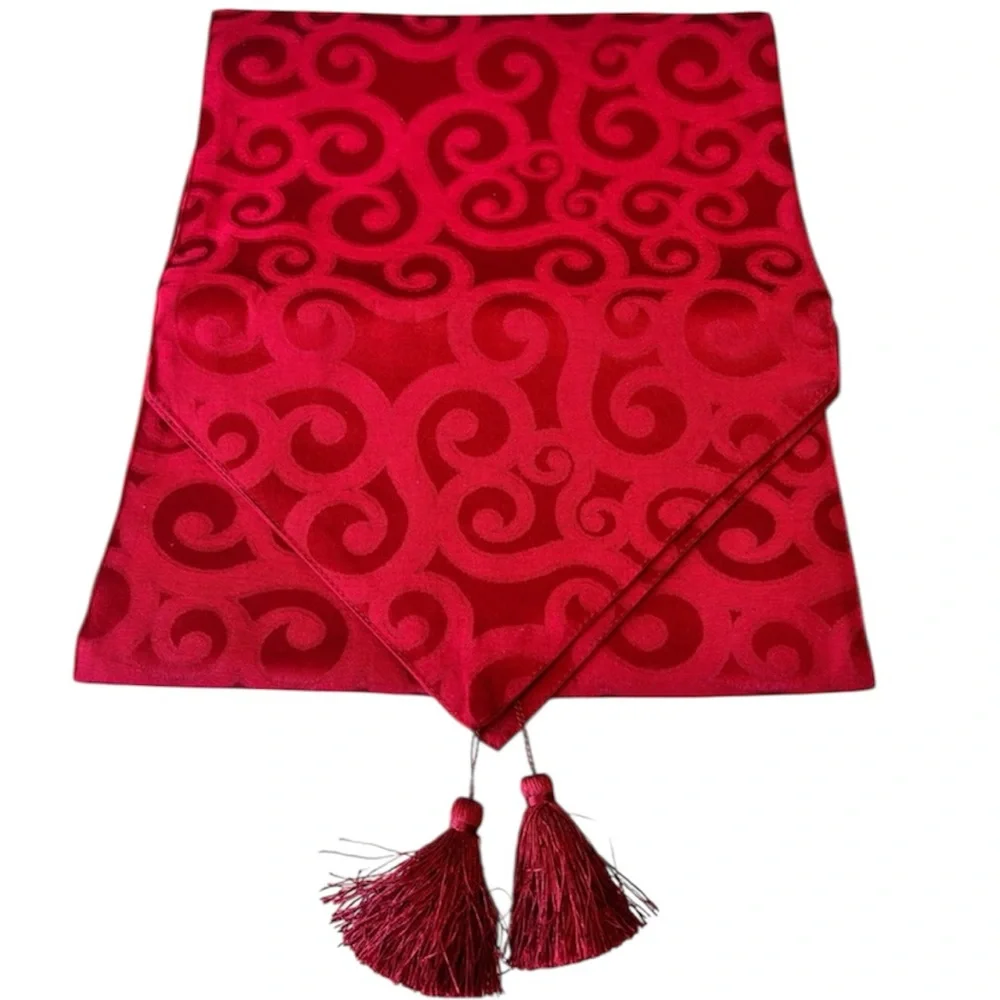 Rich Red Damask Designed Table Runner with Tassels. Approximately 72 x 14 Inches